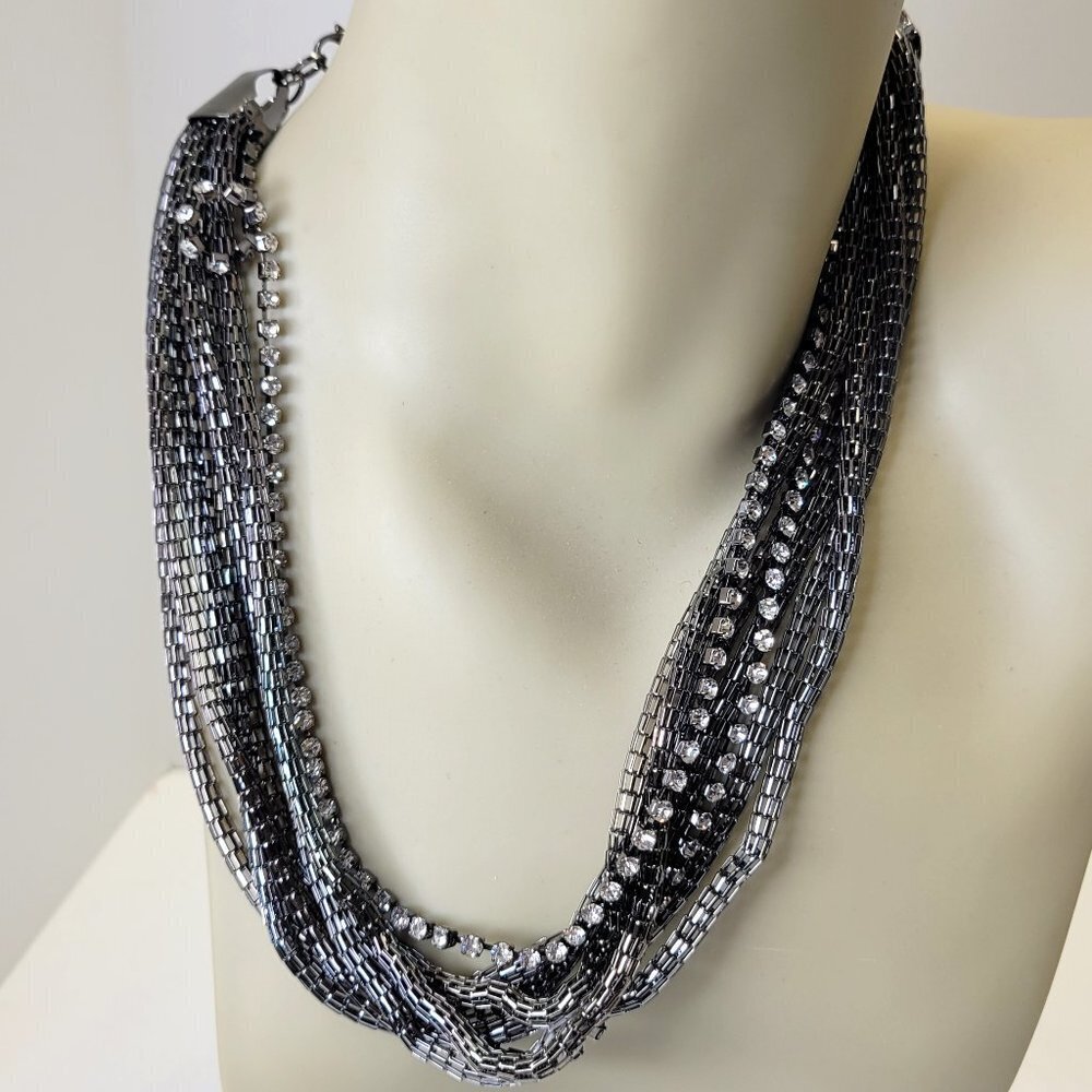 Gunmetal Tone and Crystal Rhinestone Multistrand Short Necklace